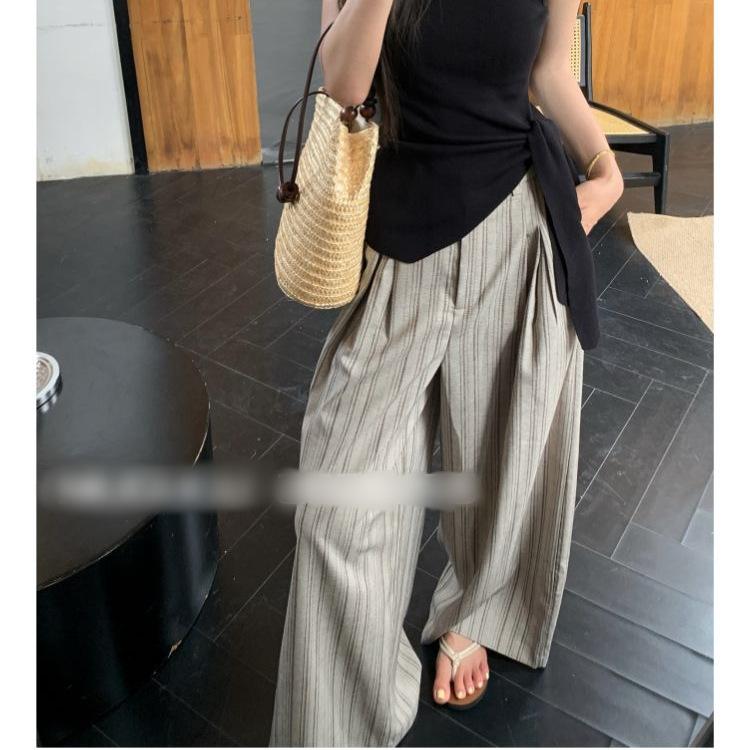 Korean suit, high-end black vest, streamer top, women's summer striped retro wide-leg loose high-waisted trousers