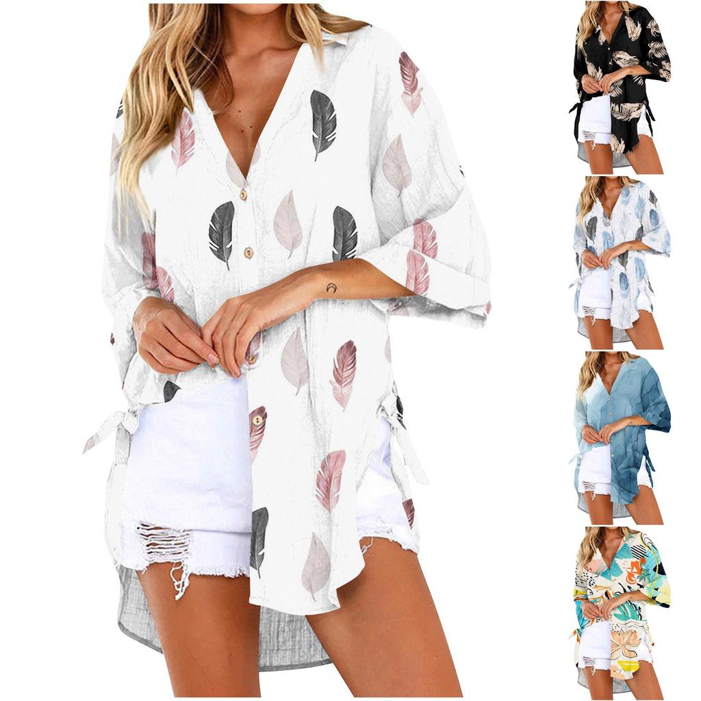 Women's New Button Collar Fashion Print 3/4 Sleeves Retro Print T-Shirt Slim Top Casual Tops