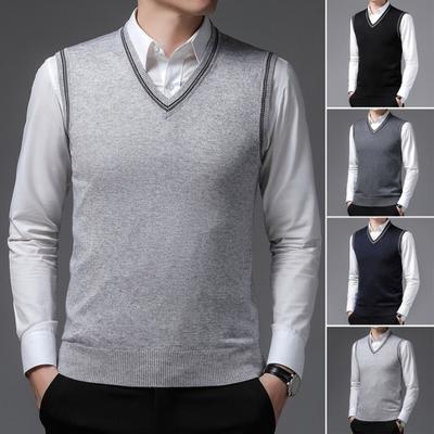 Fall Winter Men Sweater V Neck Knitted Solid Color Elastic Stretchy Sleeveless Knitwear Pullover