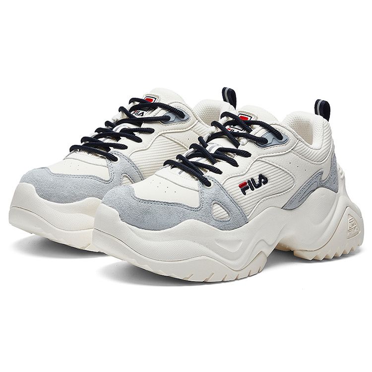 Fila Pose Tessuto Pelle Sintetica Punta Tonda Allacciatura Ammortizzante Antiscivolo Resistente all'Usura Scarpe Basse Stile Papà Sneaker Donna Bianco Grigio F12W941128FGD