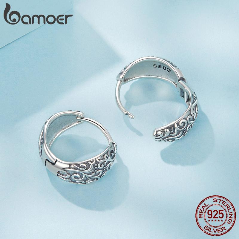 BAMOER Solid 925 Sterling Silver Retro Pattern Hoop Earrings for Women Hypoallergenic Lightweight Personalized Fine Jewelry