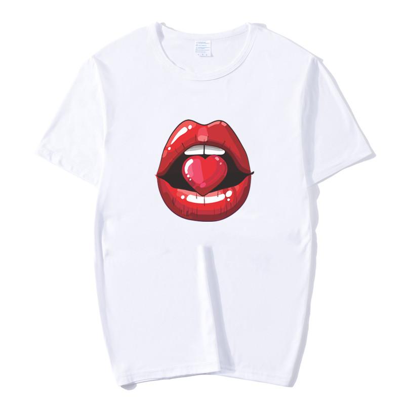 Summer Tops Red Mouth Lip Kiss Printed Women Fashion Tshirt Funny Leopard Graphic Tee