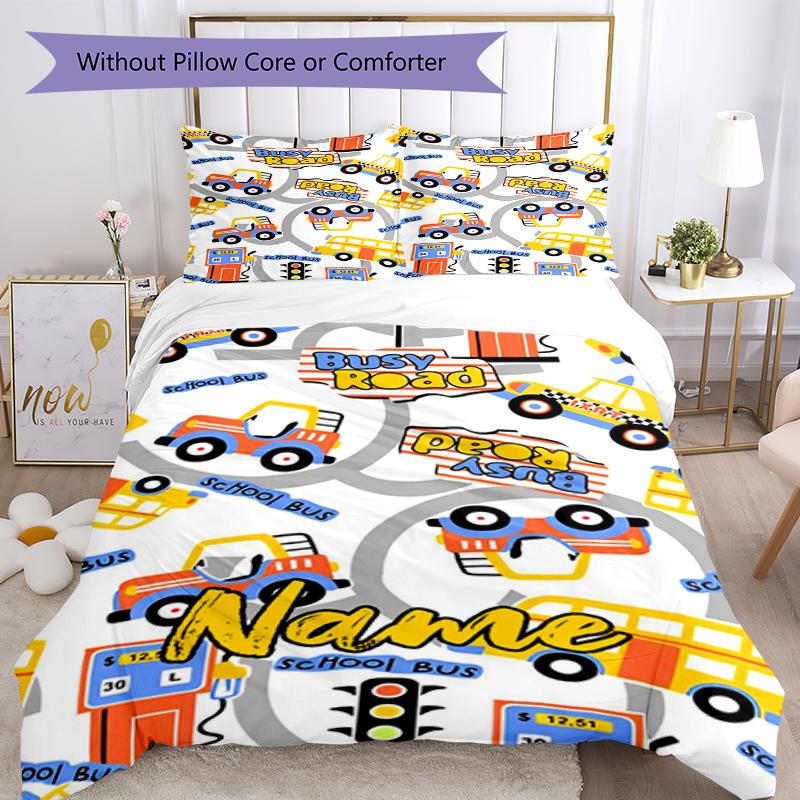 3pcs Custom Name Cute Cars Bedding Set Duvet Cover Closure Includes 1 Duvet Cover & 2 Pillowcases, Soft and Comfortable for All Seasons.