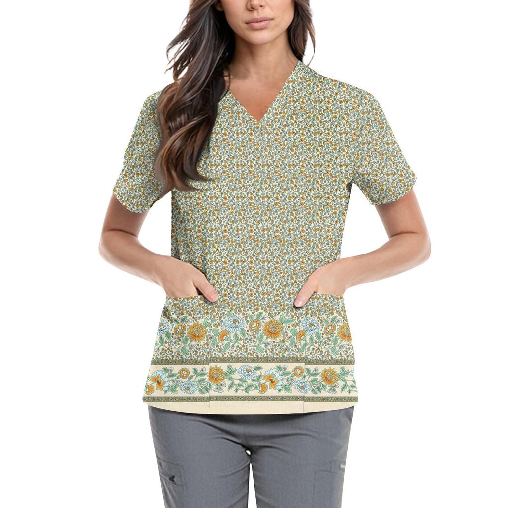 Women's Cute Printed Work Clothes V-neck Double Layer Pockets Basic Short Sleeve Top Pullover Valentines