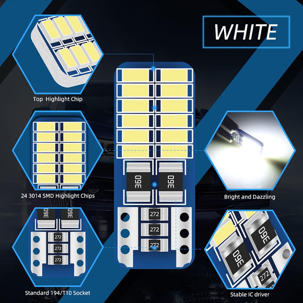 20PCS T10 W5W LED Canbus 3014 24SMD No Error 194 168 T10 LED Car Interior Instrument Light Bulb Lamp 12v Universal White 6000k