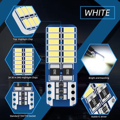 20PCS T10 W5W LED Canbus 3014 24SMD Sem erro 194 168 T10 LED Lâmpada de luz de instrumento interior de carro 12v Universal Branco 6000k