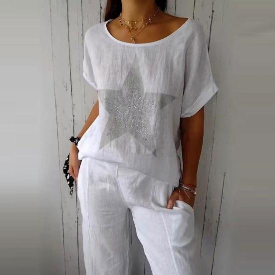 Dam Sommartoppar Kortärmad Rundhals T-shirt Hot Drill Stjärntryck Lös Passform Casual T-shirt Daglig Användning