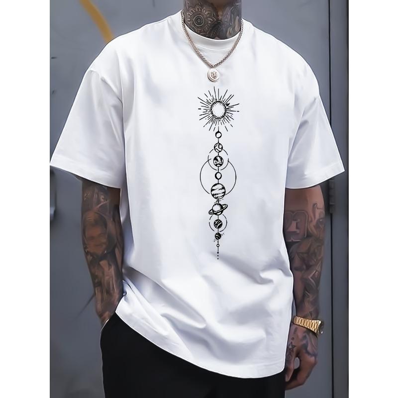 Plus Size Men's T-Shirt Cotton Planet Creative Print Men's Short Sleeve T-Shirt, Casual Round Neck Top, Versatile ,Comfortable Tee, Summer Collection