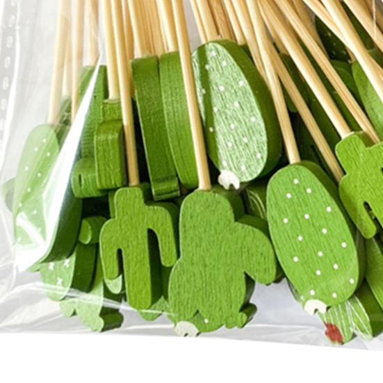100Pcs Fruit Forks Food Grade Anti-slip Wood Long Handle Cactus Shape Buffet Picks Party Supplies