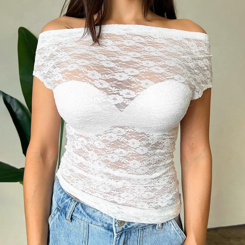 European & American Women's Spring/Summer Sexy Lace One-Shoulder Short-Sleeve Top