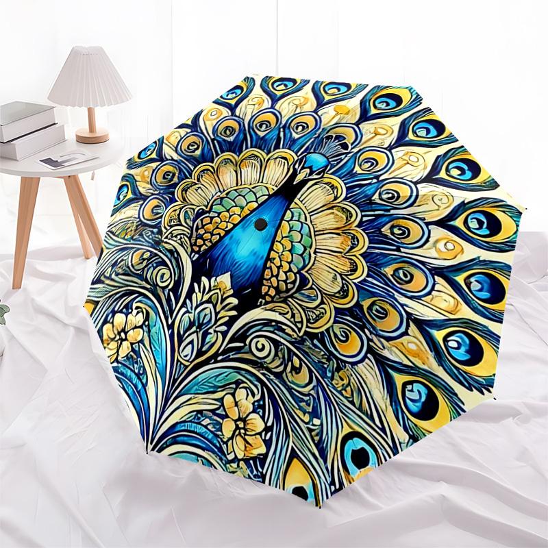 1pc Peacock Mandala Art Automatic Folding Umbrella - Portable 3-Fold Design, 8-Bone Iron Frame Outdoor Umbrella, Ideal Gift for Fans, Travelers, Daily