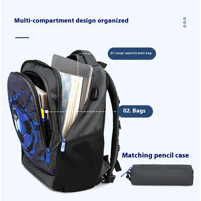 Jongens Zwarte Voetbal Rugzakken Harde Schaal Orthopedische Middelbare School Student Boekentassen USB Laadfunctie Multifunctionele Rugzak
