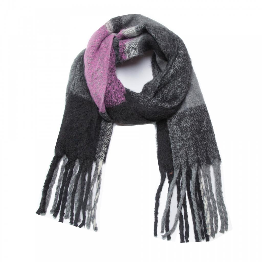 Autumn Winter Imitation Mohair Color Block Plaid Thick Fringe Scarf Shawl
