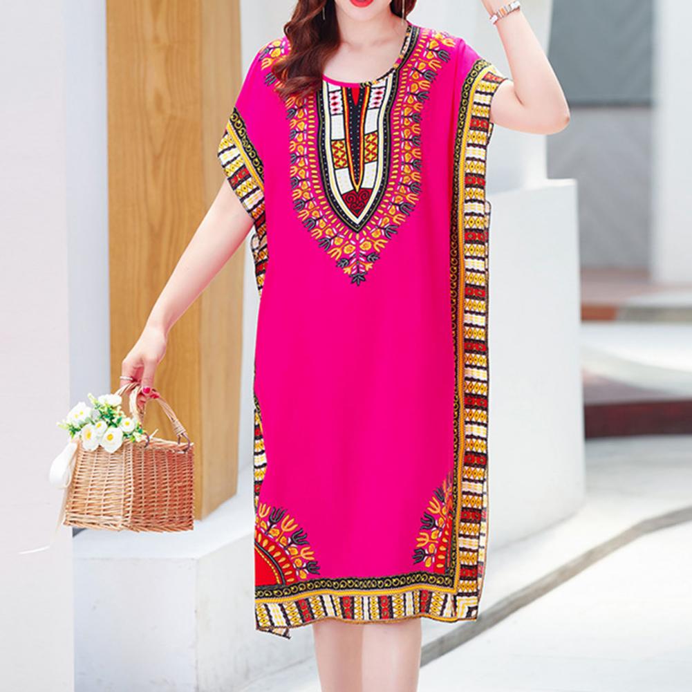 Sommer Ethnischer Stil Damenkleid Rundhalsausschnitt Druck Kontrastfarbe Geometrischer Druck Pullover Locker Kurze Ärmel Midi-Kleid
