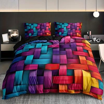 Ensemble de housse de couette à carreaux colorés géométriques Respirant Polyester tissé Toutes saisons Ensemble 3 pièces Avec 1 housse de couette et 2 taies d'oreiller