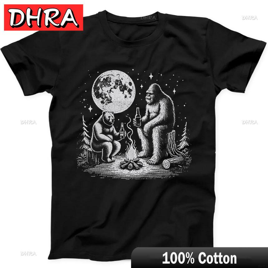 Bear with Bigfoot Drink Beer Campfire Meme Funny Gift Tee Black T Shirt Retro Bold Cool Tees TShirt for Vocation TShirt Canada 4XL
