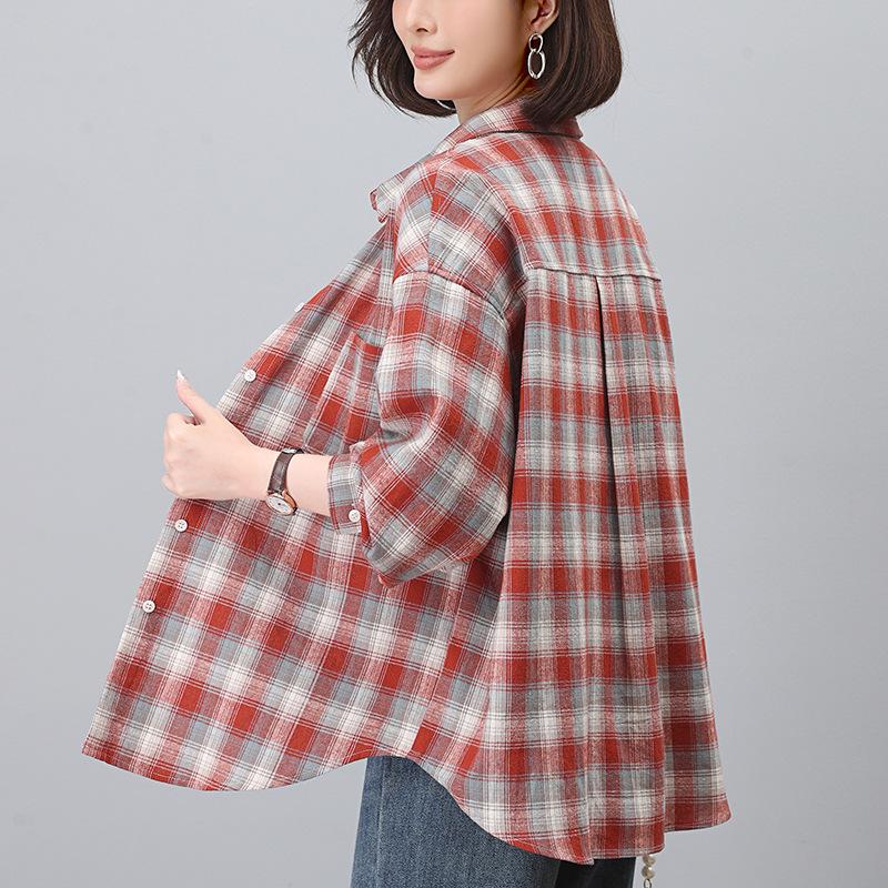 Women's Long Sleeve Pure Cotton Plaid Shirt - 2024 Autumn Mother's Blouse, Perfect for Spring and Autumn.