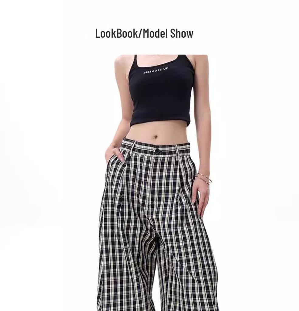 Retro British Style Plaid Striped High-Waist Wide-Leg Trousers
