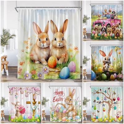Funny Easter Shower Curtains Cute Bunny Pink Farm Truck Dogs Watercolour Floral Rabbit Eggs Bathroom Curtain Decor with Hooks