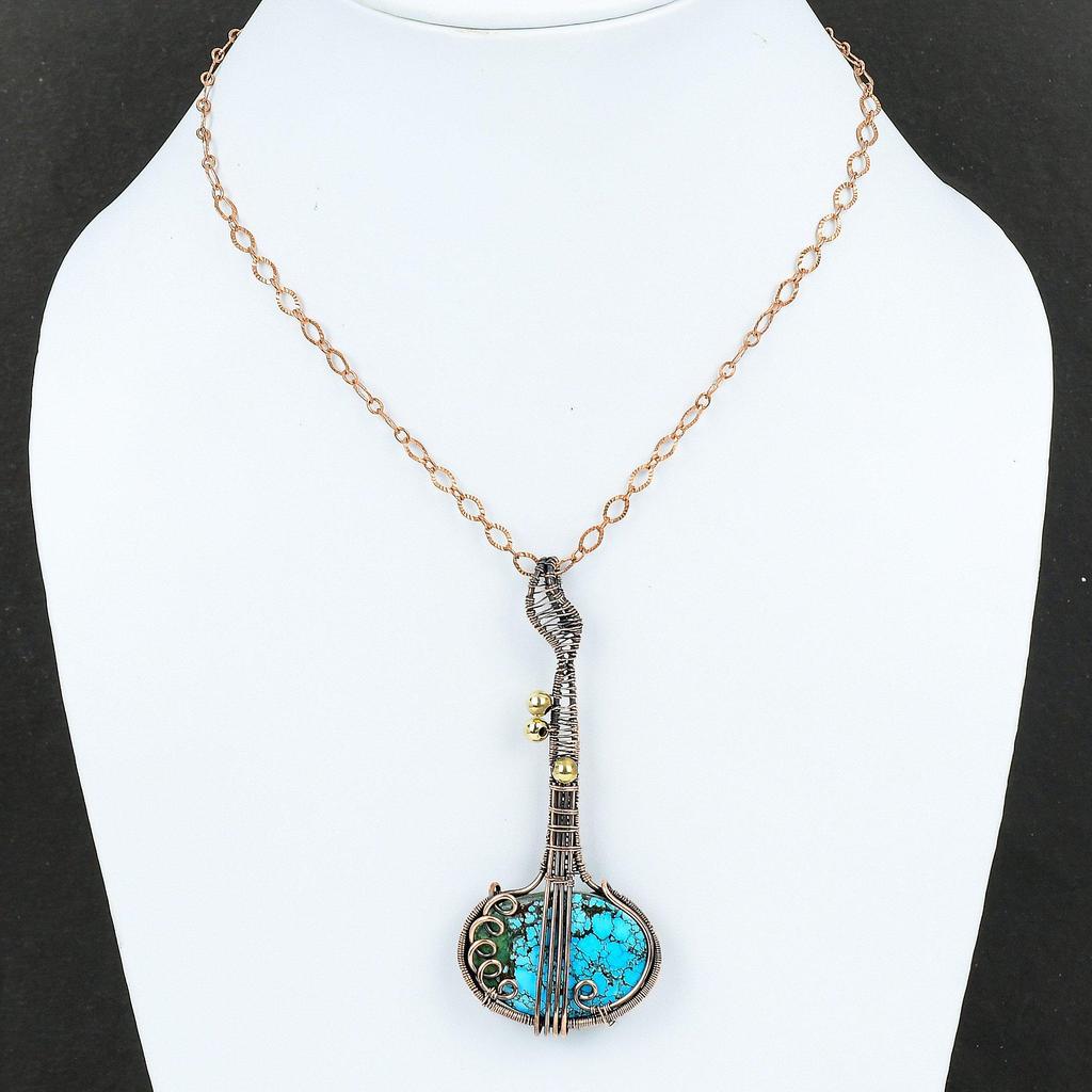 Tybetański Turkusowy Wisiorek Oplatany Miedzianym Drutem Ręcznie Robiony Wisiorek Gitara Prezent Kamień Szlachetny Turkus Długa Biżuteria Biżuteria Instrument Muzyczny