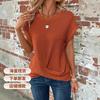 Women Waffle Knit Twist Front T-Shirt U-Neck Short Sleeve Loose Casual Blouse Summer Daily Tops