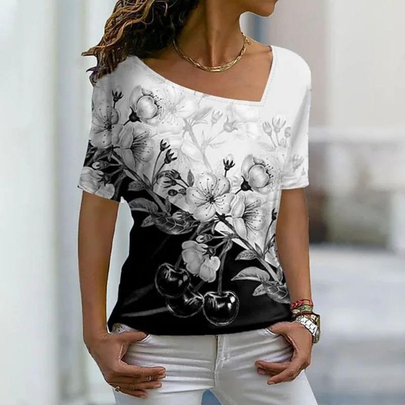 Women Asymmetrical Neck Short Sleeve T Shirt With Floral And Cherry Print Casual Black And White Top S