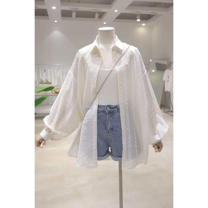 WTEMPO Women Sheer Sun Protection Shirt Lapel Puff Long Sleeve Embroidery Oversized Loose Summer Casual Outerwear Blouse