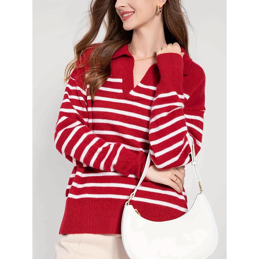 V-neck, Lapel, Striped Women's Long-sleeved Autumn Base Layer Top, Sweater, Contrasting Color Loose Navy Style Coat