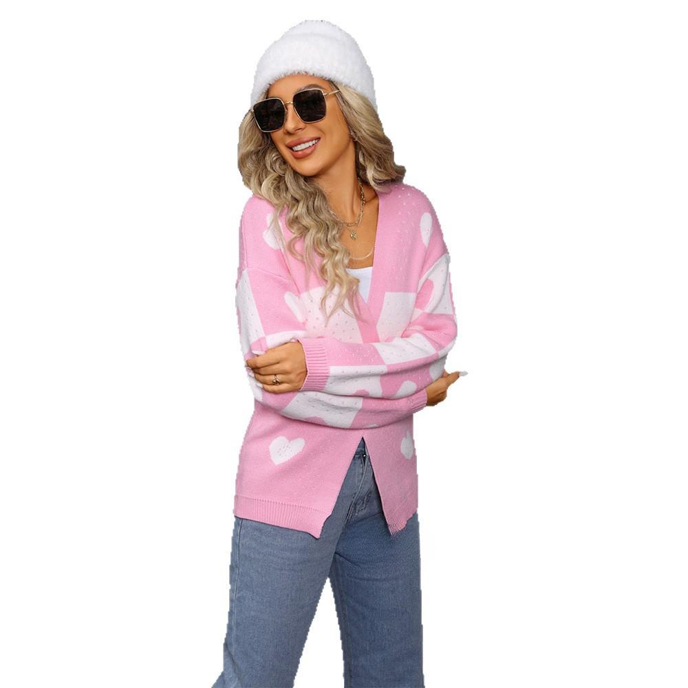 New Valentine's Day Knitted Cardigan with A Heart-shaped V-neck and Versatile Coat for Women