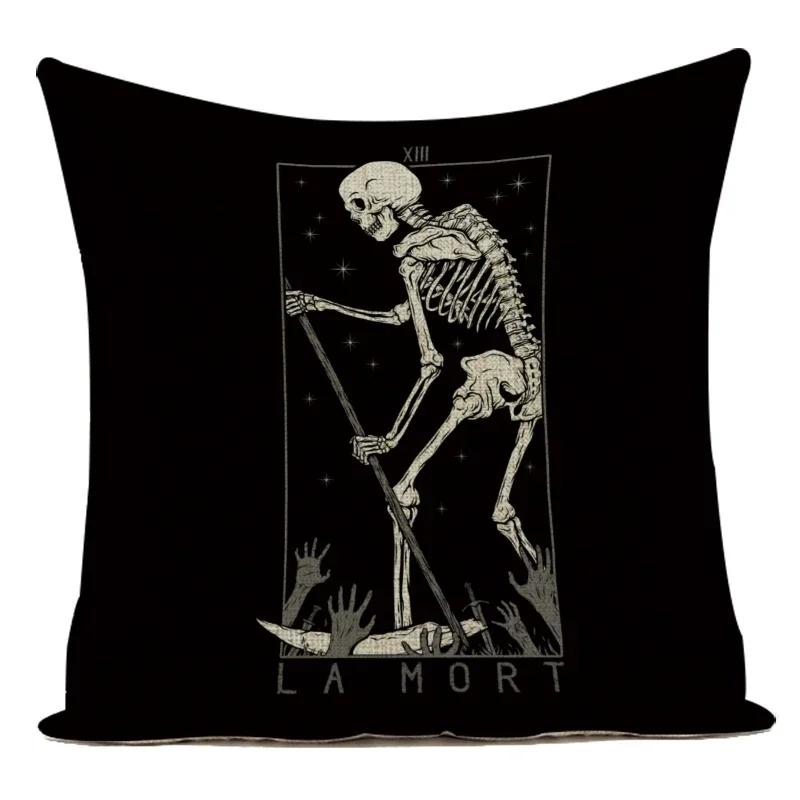Horror Tarot Cushions Cover Bone Stand Decorative Cushioncovers Print Linen Pillows Black And White Portrait Pillows Cases Cojin