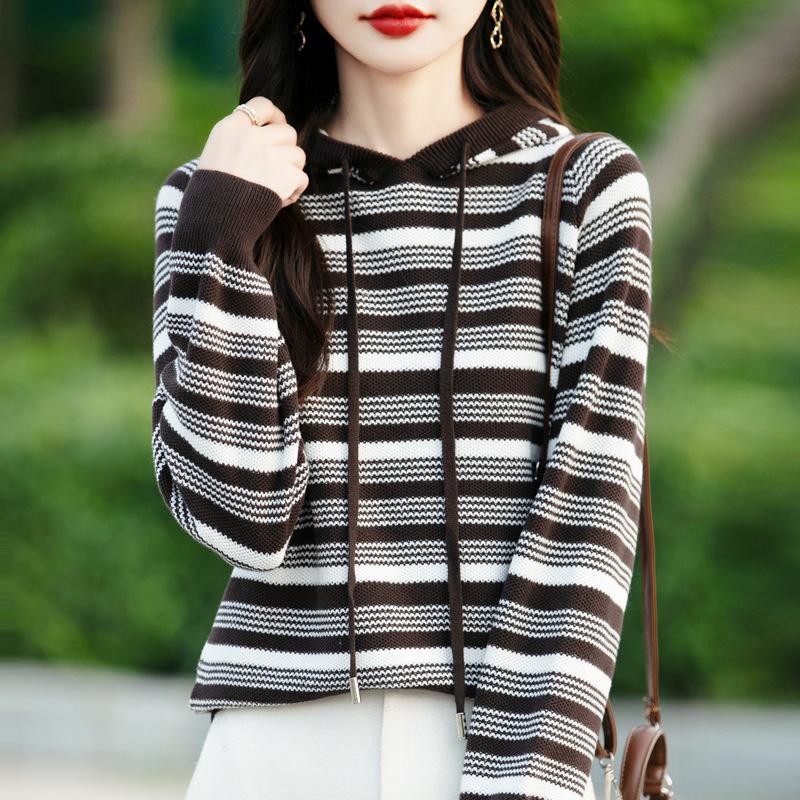Heavy Thickened Cotton Striped Hoodie for Women In Autumn and Winter New Fashionable and Versatile Warm Knitted Sweater Lazy Hoodie