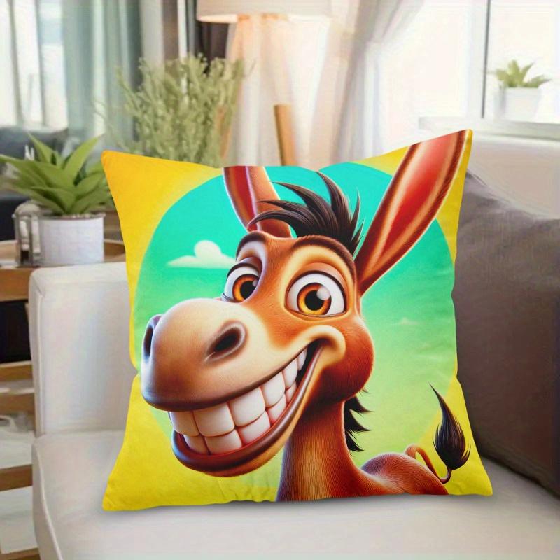 One Cushion Cover Featuring A Cheerful Donkey, Designed With A Festive Theme. It Has A Hidden Zipper And Is Suitable For Sofas,
