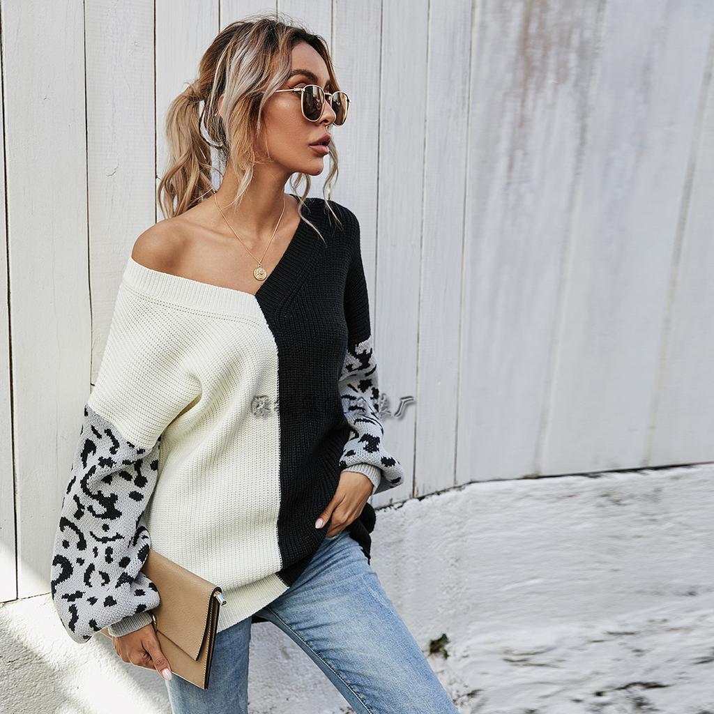 Temperament Commuter Splicing V-Neck Knitted Sweater Women's Loose Medium Thin Leopard Print Pullover Long Sleeve Single Top