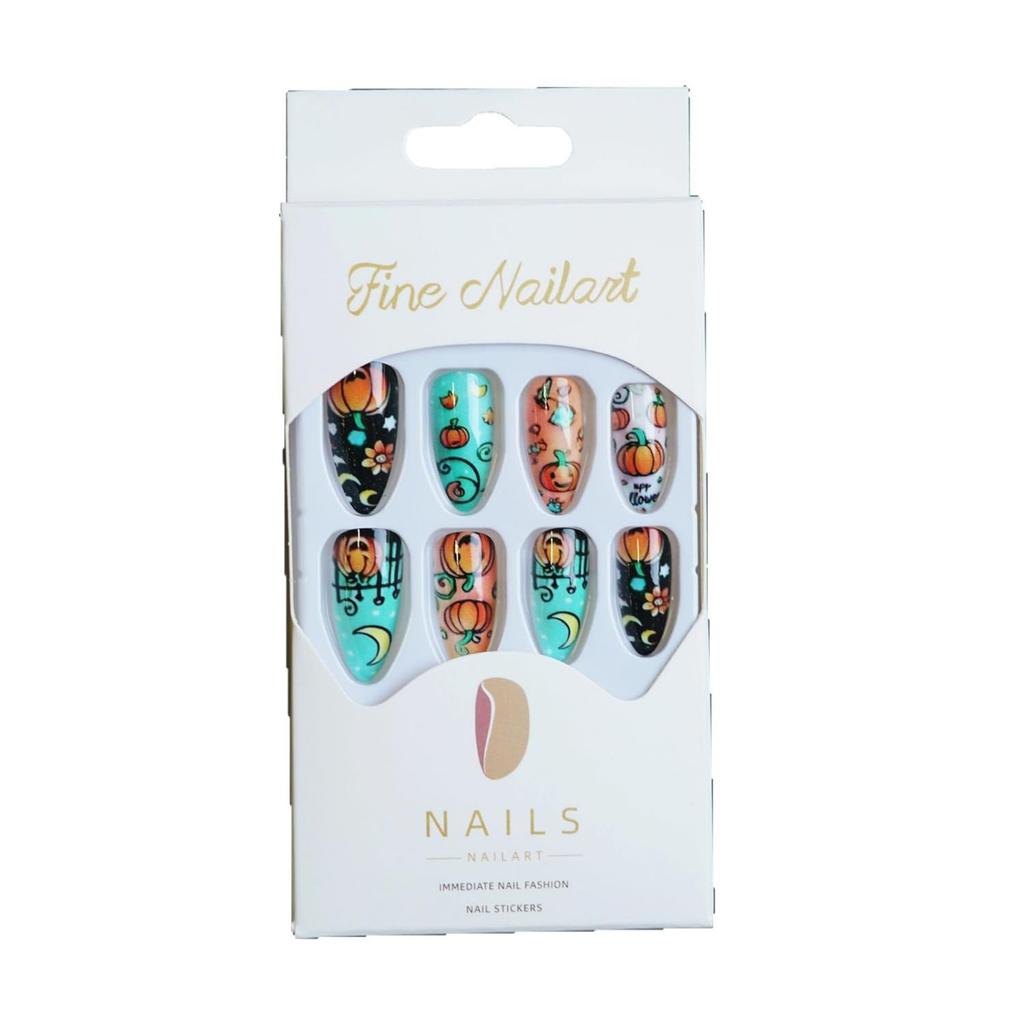 Halloween Press on Nails Medium Fake Nails Almond Shape Halloween False Nail Tips with Pumpkin Star Moon Designs Cute Stick on Nails Glossy Halloween