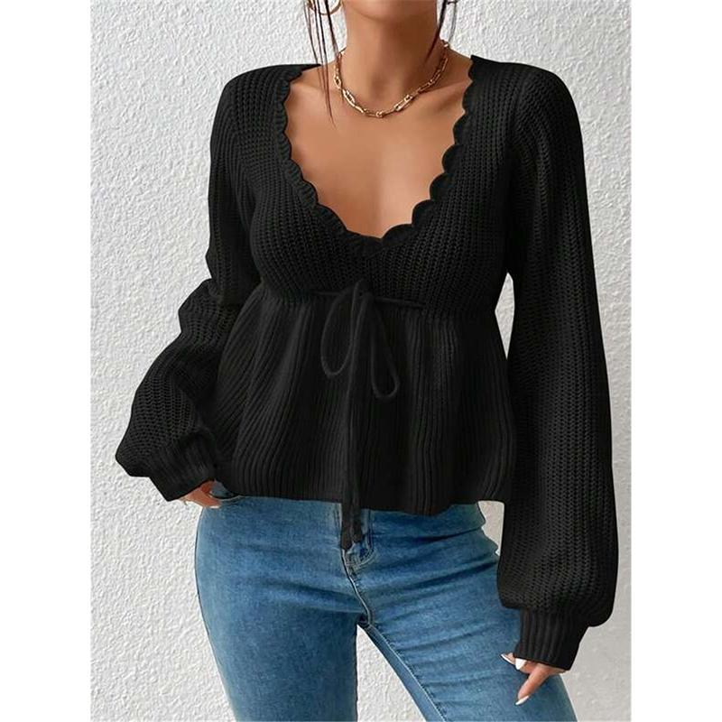 Women's Hollow Out Knitted Sweater Spring Autumn Sexy Deep V Lace Up Pullover Tops Solid Long Sleeve Knitwear Sweater Femme