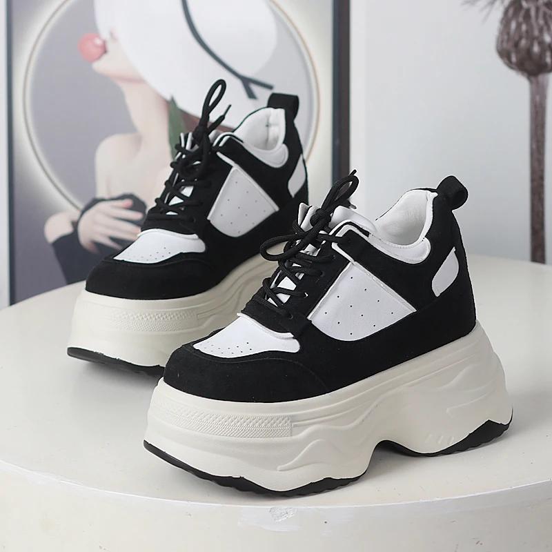 Fashion 12CM Microfiber Synthetic Leather Vulcanize Chunky Sneakers Platform Wedge Autumn Spring Ankle Booties Women Vulcanize