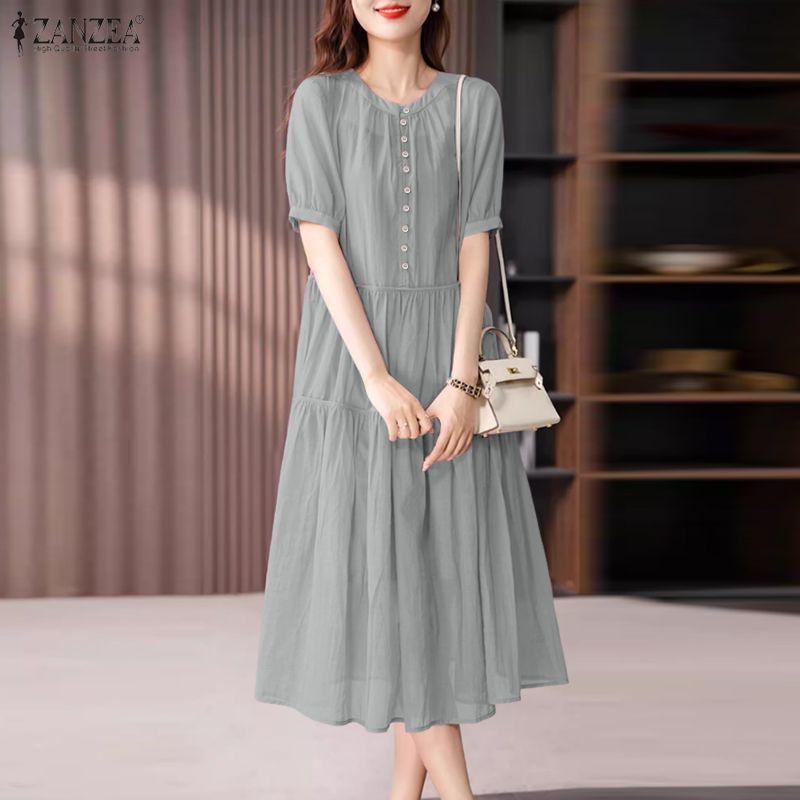 ZANZEA Women Casual Round Neck Solid Color Short Sleeve Long Dress