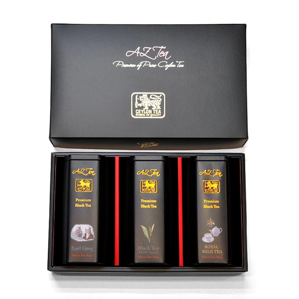 Premium-Geschenk mit 3 schwarzen Dosen AZ Tea Black Earl und Royal Milk Tea. Wird vom sri-lankischen Präsidentenpalast verwendet und unter Verwendung der höchsten Qualität hergestellt