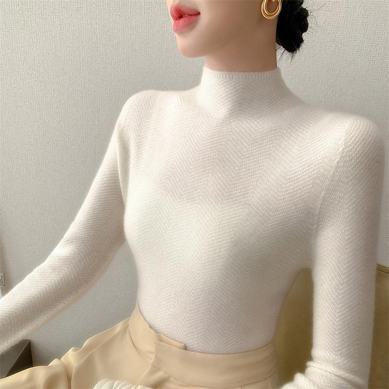 Women's Autumn Knit Pullover: Half-High Collar, Long Sleeve, Seamless One-Piece Base Layer Sweater