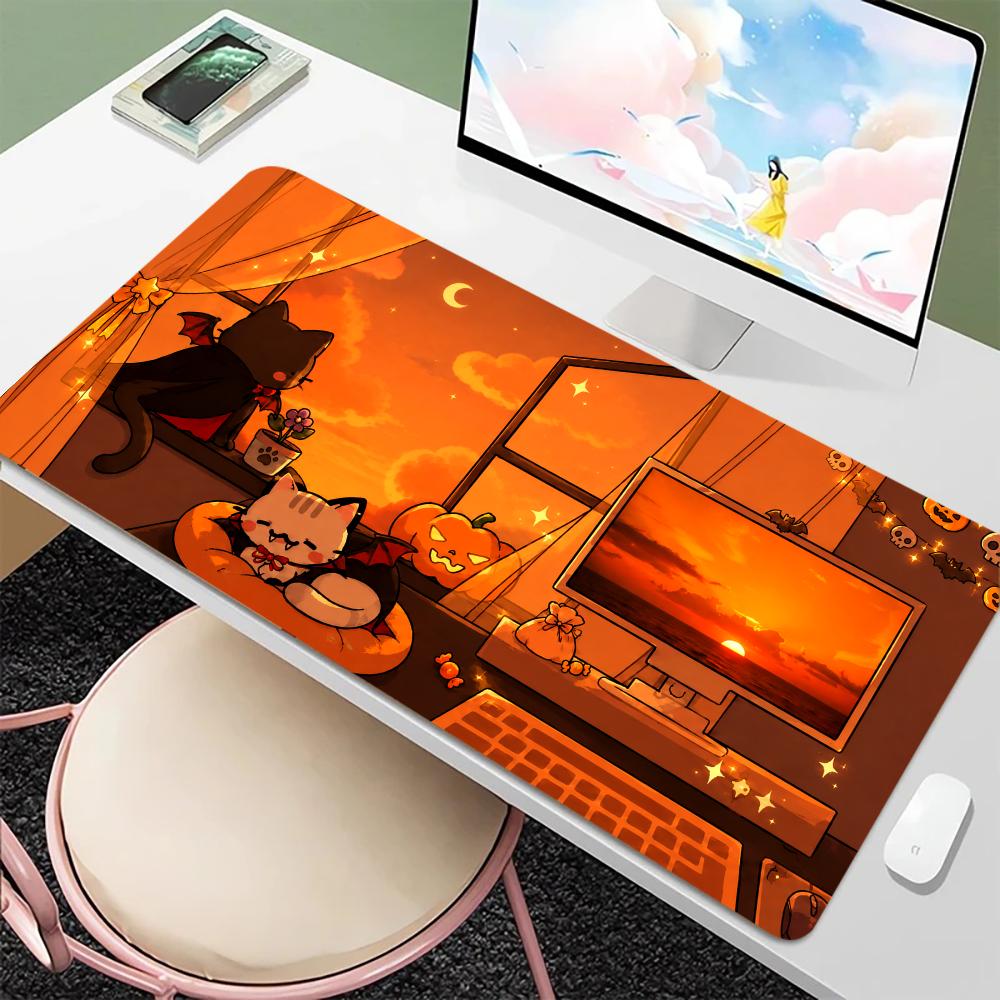 Halloween Cute Ghost Black Cat Pumpkin Forest Gaming Mouse Pad Non Slip Rubber Stitched Edge Mousepad Large Keyboard Desk Mat