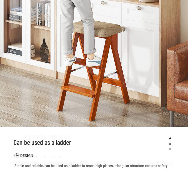 Three-Step Solid Wood Folding Ladder Stool: Multifunctional for Kitchen and Bar Use