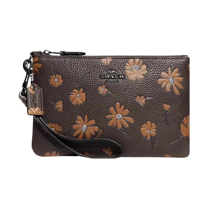 COACH Wristlet 19 Zip Closure Floral Print Pebbled Leather Wristlet Clutch Small Women s Tan коричневый