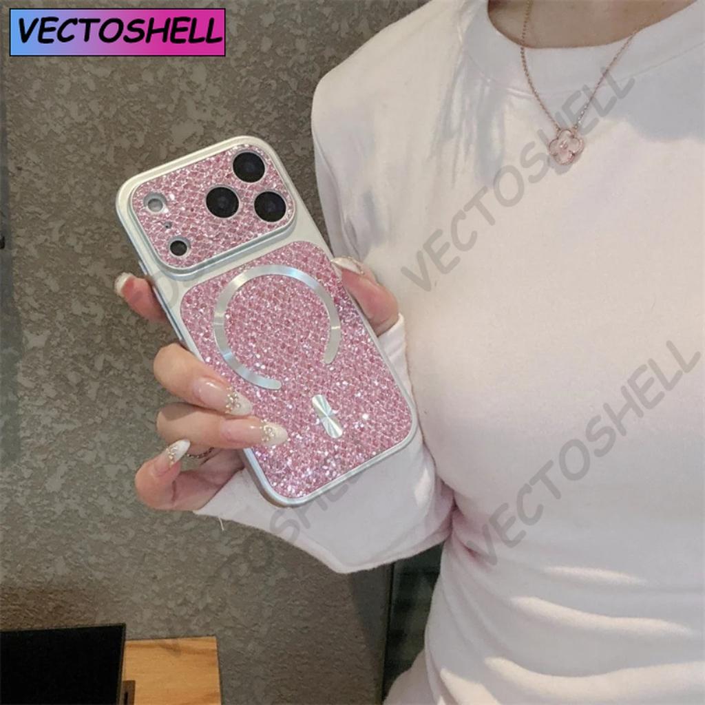 Luxury Glitter Diamond Texture Magnetic Case for iPhone 17 16 15 14 Plus 13 12 11 Pro Max for Magsafe Camera Protection Cover