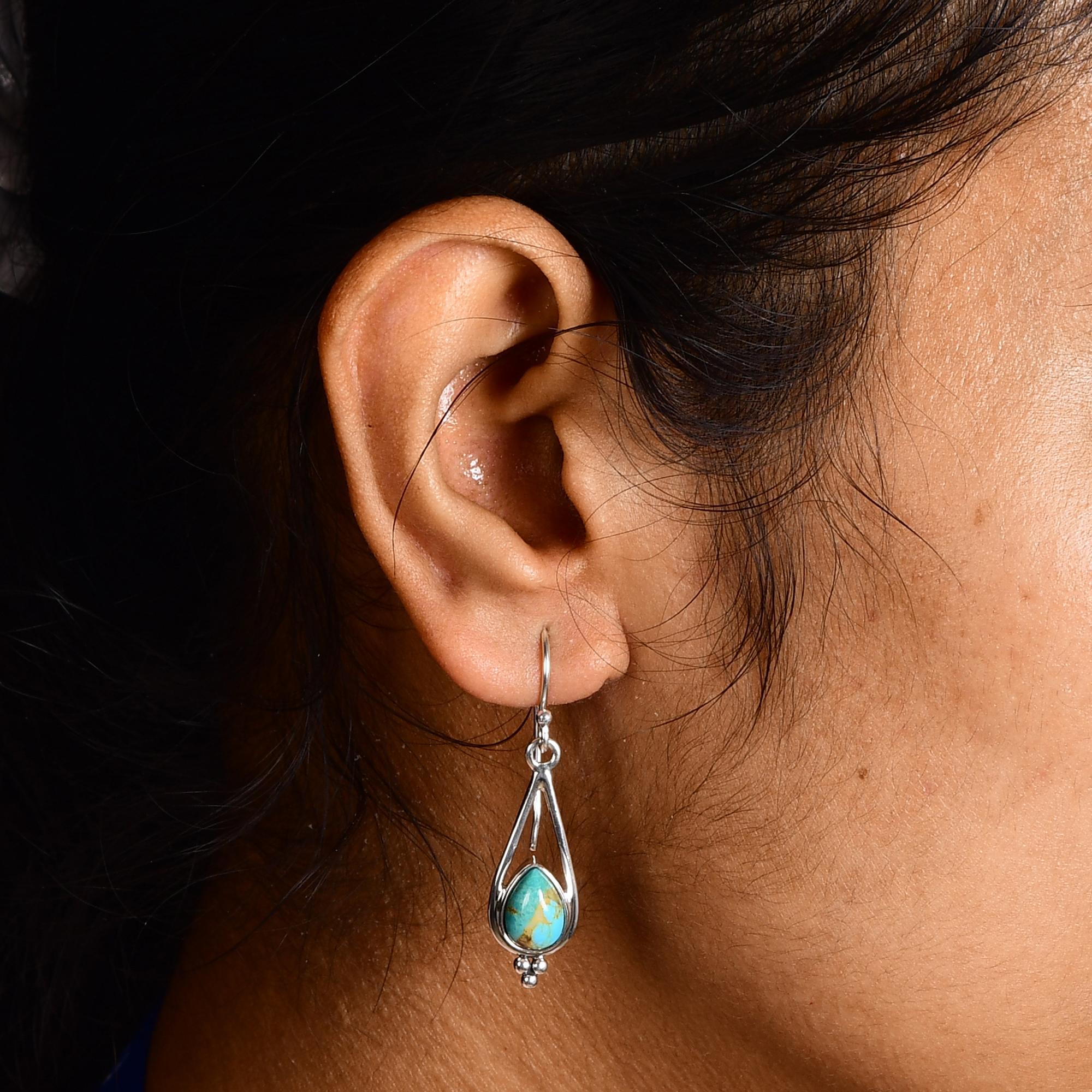 Natural Turquoise Drop Earrings 925 Silver, Pear Shape Turquoise Earrings, Handmade Gemstone Jewelry.