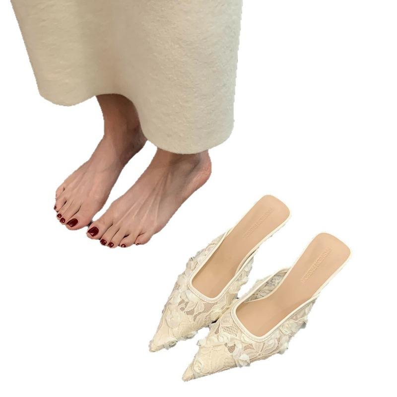 Fashion Temperament Pointed Head Half Slippers Women's New Outer Wear Gentle Bag Head High Heel Mesh Flower Bud Sandals