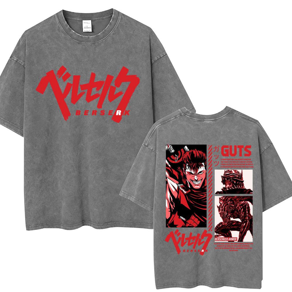 Vintage Washed Anime Berserk Guts T Shirt Swordsman Gatsu Sacrifice Zodd Harajuku TShirt Men Women Loose Cotton Tees Streetwear