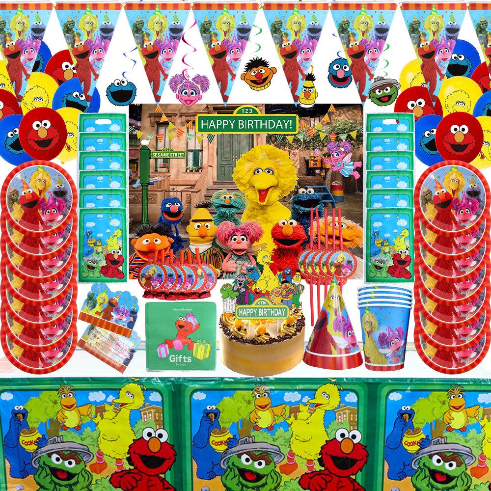 Sesame Street Birthday Party Tableware Set: Disposable Plates, Cups, and Cute Balloons for Kids' Celebrations.