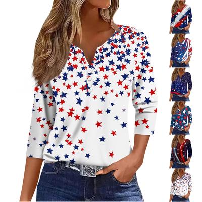Mujer Camiseta Camiseta Estampado Botón Manga 3/4 Diario Fin de semana Moda Básico Escote en Pico Regular Top