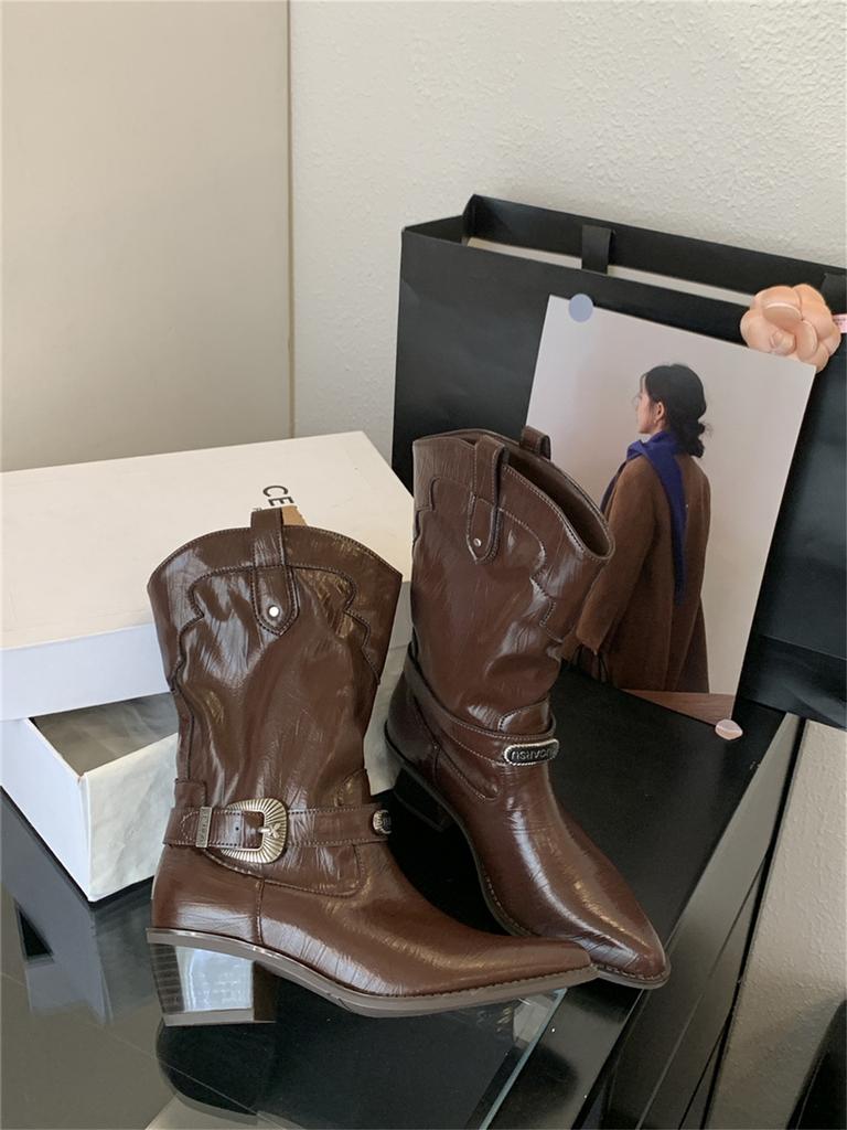 Retro belt buckle medium tube knight boots women's 2025 autumn and winter new square head thick heel thin western cowboy boots