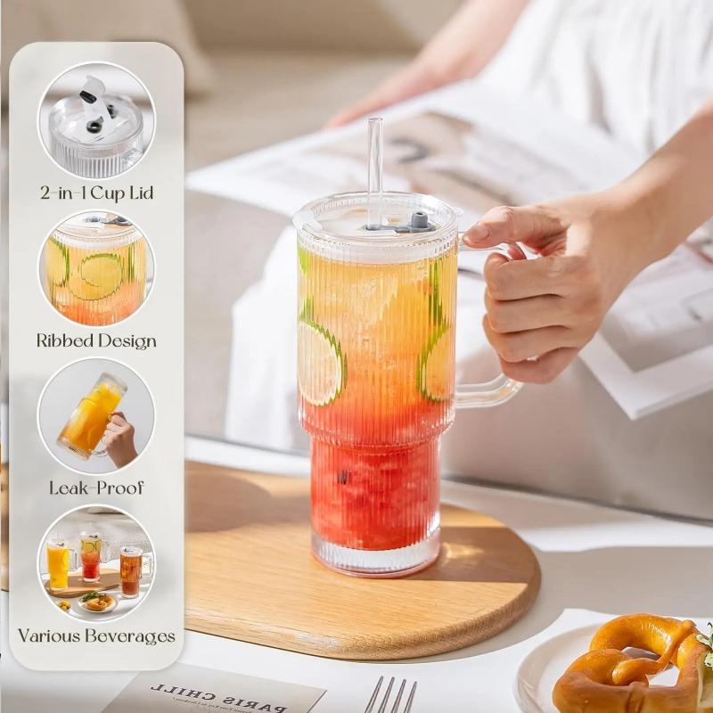 24oz Glass Tumbler Cup with Handle Lid Big MAC Iced Coffee Cups with Straw Reusable Glass Mug for Cold & Hot Beverages Drinkware